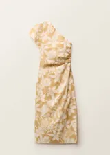 Vestido midi de lino con estampado floral en tonos amarillos y blancos. Presenta un diseño asimétrico con un solo hombro, cintura drapeada y una abertura lateral en el bajo.