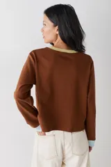 Remera de manga larga color marrón con cuello redondo en tono verde claro y puños en tono celeste. Presenta el logo de la marca bordado en el pecho.