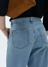 Pantalón de jean de tiro medio con diseño recto y detalle de pinzas en la cintura. Cuenta con cierre de cremallera y botón, trabillas y bolsillos traseros.
