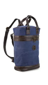 Mochila matera de diseño vertical, confeccionada en tela canvas marrón con detalles y refuerzos en cuero sintético oscuro. Cuenta con doble asa superior de mano, correas traseras regulables, cierre metálico frontal y bolsillo posterior.