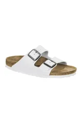 Sandalias Birkenstock Arizona blancas con doble tira ajustable y plantilla anatómica de corcho.
