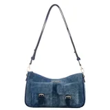 Cartera tipo bandolera Guess confeccionada en denim, con dos bolsillos frontales con solapa y hebillas decorativas. Presenta cierre superior, correa ajustable y detalles en metal dorado.