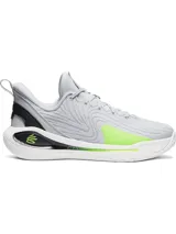 Championes de básquetbol Under Armour Curry 12 modelo Gravity, con diseño en tonos gris claro, detalles en negro y acentos en verde neón. Presentan parte superior de malla transpirable, contrafuerte de TPU en el talón y suela de goma de alta tracción.