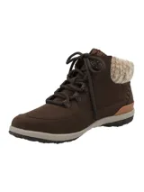 Botín de cuero marrón RKF modelo Interlagos, con cuello de tejido de punto beige en la caña, cordones y suela de goma.
