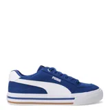 Championes urbanos Puma modelo Court Classic Vulc, color negro con detalles en blanco. Presentan un diseño de corte bajo con capellada de lona, cierre de cordones y suela vulcanizada con franja decorativa.