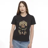 Remera negra de algodón con estampa vintage de Wrangler en tonos dorados y marrones.