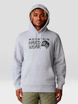 Buzo canguro gris melange con capucha y bolsillo canguro frontal. Estampado frontal con el logo de Mountain Hardwear en negro.