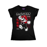 Remera negra de corte entallado con estampa frontal de Super Mario en estilo retro, con detalles en rojo y blanco.
