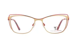 Armazón de metal dorado con doble línea superior roja, de forma cat-eye. Patillas con diseño carey.