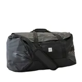 Bolso de viaje tipo duffle Rip Curl Packable Duffle 50L, color negro, con logo estampado en el frente, doble asa de mano y correa de hombro ajustable y extraíble.