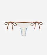 Bombacha de bikini confeccionada en microfibra texturada color marfil con ribetes marrones y celestes, modelo con ataduras laterales regulables.
