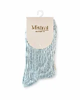 Media larga de tejido acanalado marca Mistral, color celeste, con diseño clásico y elástico en la parte superior.