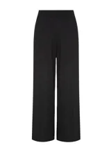 Pantalón negro de tejido de punto con corte recto, cintura alta, aberturas laterales y acabado acanalado.