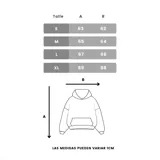 Hoodie negro de corte holgado con capucha y estampa gráfica blanca en la espalda con estilo tipográfico urbano.