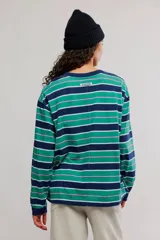 Remera manga larga de algodón con diseño de rayas horizontales en tonos verdes, azul marino, rosado y celeste. Presenta cuello redondo y un pequeño parche decorativo en el borde inferior.