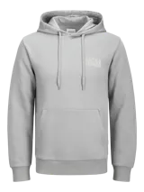 Canguro gris con capucha, cordones ajustables, bolsillo tipo canguro y logo de la marca estampado en el pecho.