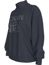 Buzo azul marino de cuello alto con puños y ruedo acanalados. Estampado frontal con el logo de Calvin Klein Jeans en color gris.