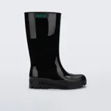 Botas de lluvia Melissa modelo Welly, color negro con acabado brillante y suela de goma con relieve antideslizante. Presenta el logo de la marca en la parte superior frontal.