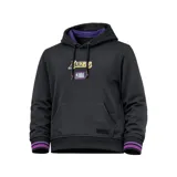 Canguro negro de Los Angeles Lakers con capucha forrada en color morado, cordones ajustables, bolsillo tipo canguro y rayas moradas en los puños. Presenta el nombre del equipo y el logo de la NBA bordados en el pecho.