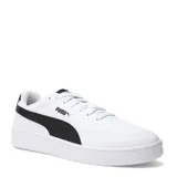 Championes urbanos Puma modelo Court Classic Clean, color blanco con la icónica franja lateral en negro. Presentan un diseño de corte bajo con suela de goma resistente y cierre de cordones.