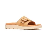 Sandalia tipo slide Merrell color tostado, con capellada de cuero de grano completo y correa ajustable con hebilla. Cuenta con plantilla revestida en corcho, entresuela de espuma FloatMax y suela de goma.