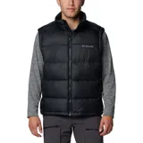 Chaleco acolchado Columbia de color negro con cierre frontal completo, cuello alto y tecnología Omni-Heat™ para retención de calor. Cuenta con bolsillos laterales con cierre y logo de la marca bordado en el pecho.