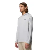 Remera con capucha Columbia modelo PFG Solar Stream Hoo de manga larga en color gris, con tecnología Omni-Shade de protección UV y Omni-Wick de secado rápido, ideal para pesca y actividades al aire libre.