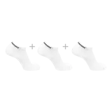 Pack de tres pares de medias cortas Salomon modelo Flow Low, color blanco con la marca estampada en negro en el borde superior.