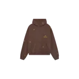 Hoodie oversized de color marrón con capucha y bolsillo canguro, confeccionado por Eme Studios. Presenta pequeños bordados dorados de coronas repartidos por toda la prenda y el logotipo de la marca bordado en el pecho.