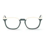 Armazón para lentes de acetato color verde con borde superior color crema, de forma redonda.