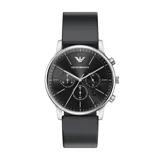 Reloj cronógrafo Emporio Armani con caja de acero inoxidable plateada, esfera negra con acabado sunray, subesferas funcionales, fechador y correa de cuero negro.