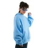 Canguro celeste oversize de felpa 80% algodón, con estampado de serigrafía tipo puf en la espalda con la palabra 'Sputnik' y 'Montevideo 2023'.