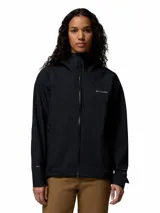 Campera cortaviento impermeable y transpirable Columbia Trailborne 2.5L de color negro, con capucha integrada, cierre frontal bidireccional y bolsillos con cierre.