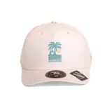 Gorro beige con logo de Maui and Sons bordado en celeste, con orificios de ventilación laterales y visera curva.