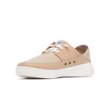 Championes Columbia modelo Boatside Relaxed PFG, de color beige con suela blanca. Combinan textil, sintético y cuero, cuentan con cordones elásticos y talón plegable para mayor comodidad.