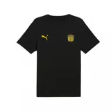 Remera negra de algodón con cuello redondo y mangas cortas. Logo de Puma bordado en amarillo en el pecho izquierdo y escudo del Club Atlético Peñarol bordado en amarillo en el pecho derecho.