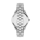 Reloj analógico Emporio Armani modelo Dario con caja de acero inoxidable de 42 mm, esfera azul con acabado sunray, indicadores de hora en relieve y ventana de fecha a las 6 en punto. Presenta una malla de eslabones de acero inoxidable en tono plateado.