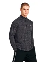 Buzo deportivo de entrenamiento Under Armour con cierre frontal parcial, cuello alto, mangas largas y diseño texturizado en tono gris oscuro. Cuenta con el logo de la marca estampado en el pecho.
