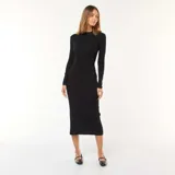Vestido midi de punto acanalado en color negro, con cuello redondo, manga larga y ajuste entallado al cuerpo.