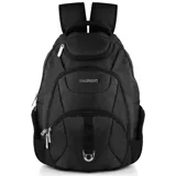 Mochila negra para laptop Hi-Tec modelo Tech 3.0, con múltiples compartimentos frontales con cierre, bolsillos laterales y tirantes acolchados ajustables.