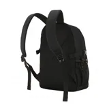 Mochila grande negra y gris con bolsillo lateral de red, correas laterales de compresión, correas ajustables acolchadas y bolsillo frontal diagonal.