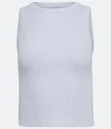 Top cropped musculosa de mujer, color marrón oscuro, confeccionado en tejido ribana acanalado, con cuello redondo y sin mangas.