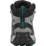 Bota de senderismo Merrell modelo Crosslander 3 Mid Wp, color gris con detalles en negro y turquesa. Confeccionada en gamuza y malla transpirable, cuenta con membrana impermeable, puntera protectora y suela de goma con tracción.