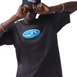 Remera negra de manga corta con estampado ovalado azul y blanco con el logo de Vans en el centro.