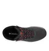Bota de trekking Columbia modelo Newton Ridge, color gris oscuro con detalles en negro y cordones con toques naranjas. Presenta empeine de ante impermeable, herrajes metálicos y suela de caucho de alta tracción.