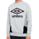 Buzo de cuello redondo Umbro, color gris melange con paneles laterales en negro y logo de la marca estampado en el pecho.