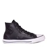 Championes Converse All Star de cuero negro, caña alta y suela blanca.
