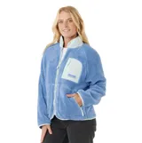 Canguro de polar con cierre frontal completo, cuello alto y bolsillo en el pecho con cierre. Presenta un diseño en color azul con detalles en contraste en color menta.