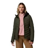 Campera acolchada de mujer marca Columbia, color verde oliva, con capucha, cierre frontal completo, bolsillos laterales con cierre y puños con orificios para los pulgares.