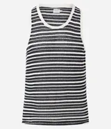 Musculosa de algodón con efecto ganchillo texturizado y rayas horizontales en blanco y negro. Tiene cuello redondo y sisas con ribete blanco.